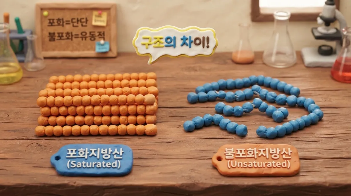 왼쪽은 곧게 뻗은 오렌지색 찰흙 사슬로 빚어진 포화지방산 모형, 오른쪽은 구부러진 파란색 찰흙 사슬로 빚어진 불포화지방산 모형이 나란히 놓인 아드만 스타일의 클레이 스톱모션 인포그래픽