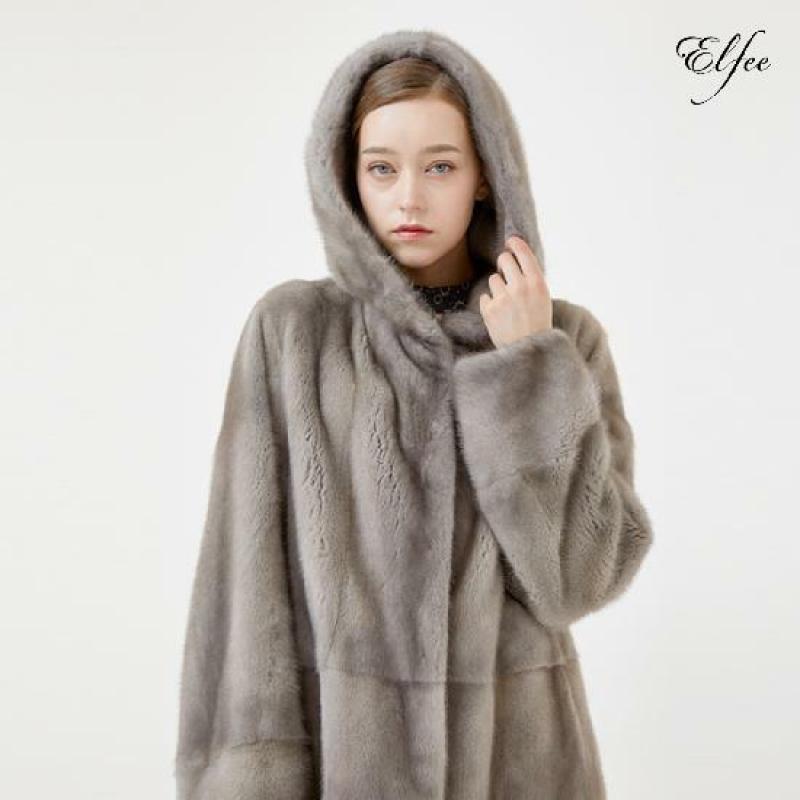 진도 엘페 휘메일 풀스킨 롱 후드 밍크 코트 - 실버블루 카키브라운 EC08