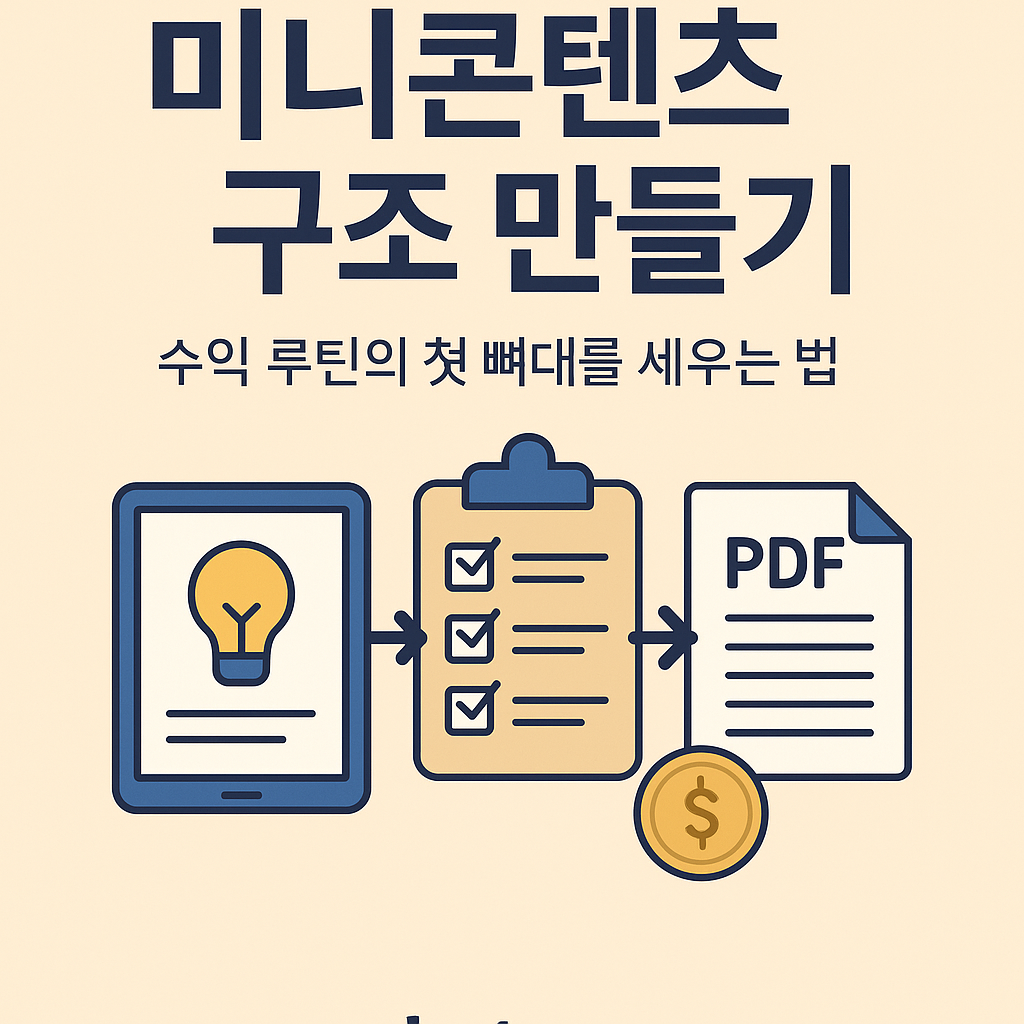 수익 루틴의 콘텐츠 구조화를 상징하는 플랫 스타일 디지털 일러스트 – 노션 템플릿, 체크리스트, PDF 구조가 조화롭게 표현된 디자인