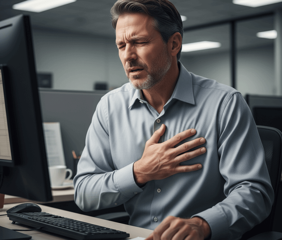 남성, 사무실, 심장통증, 모니터, 책상