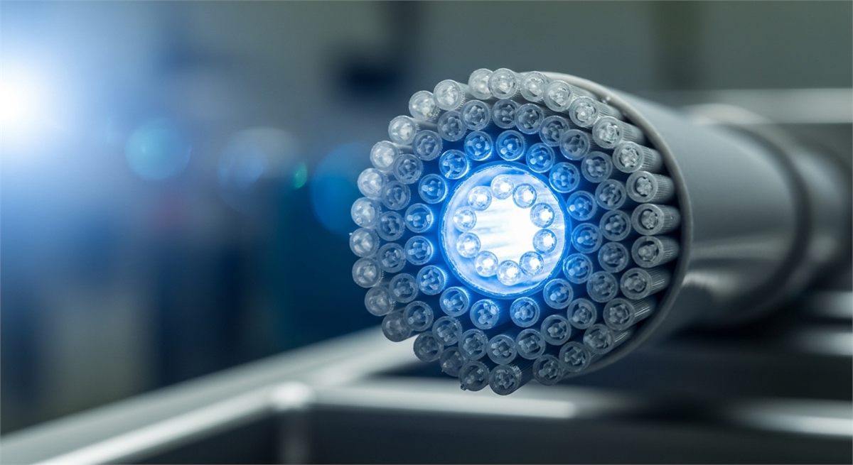 광섬유 단면과 빛 신호를 가까이 담은 장면 