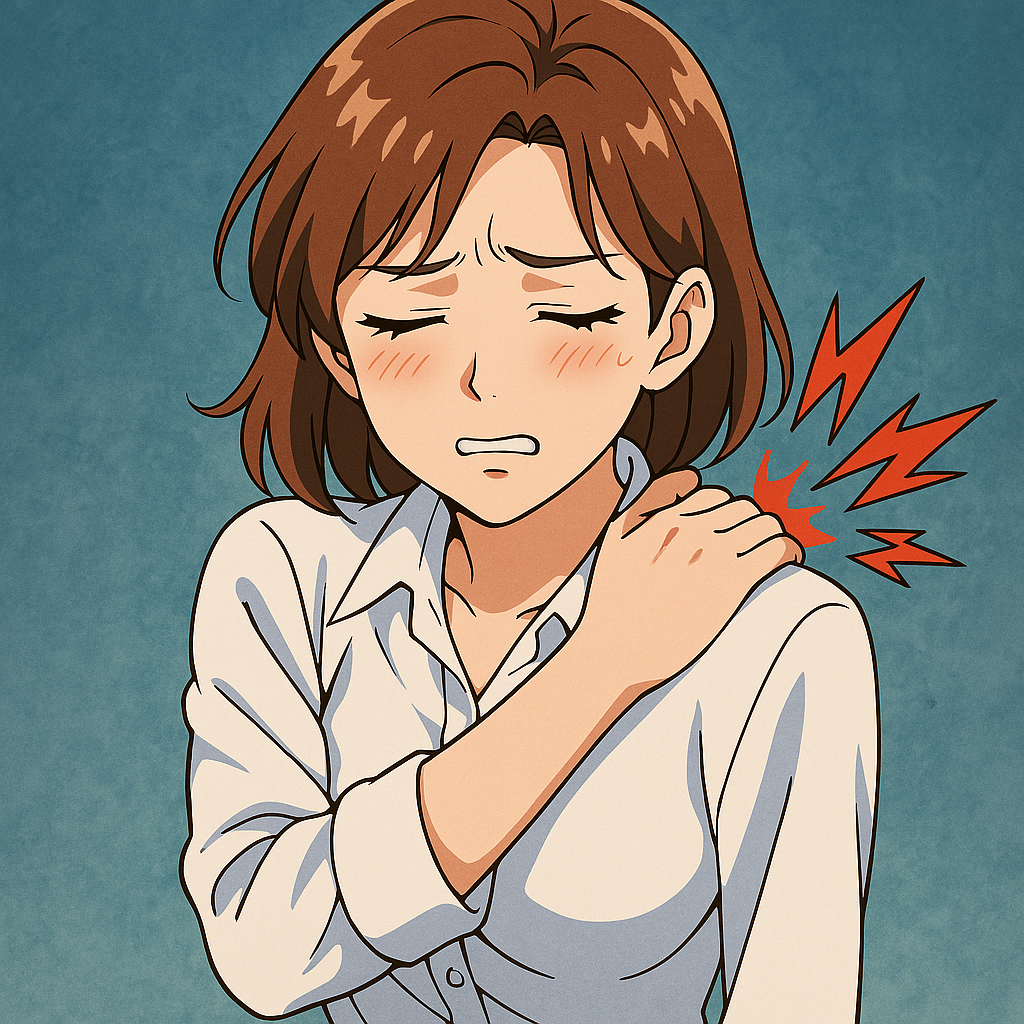 어깨 통증으로 고통을 느끼고 있는 여성