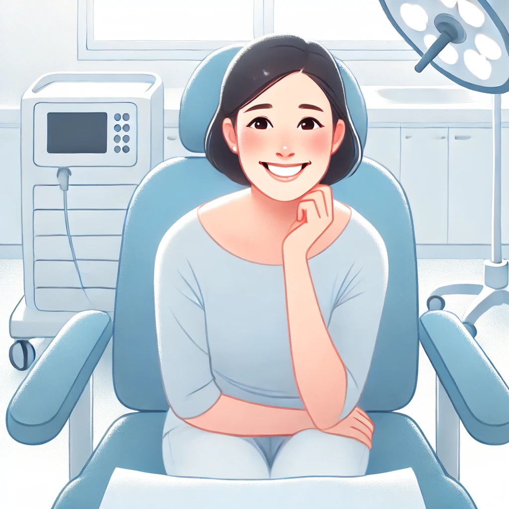 미뤄왔던 장내시경을 마치고 후련하여 웃고 있는 여인