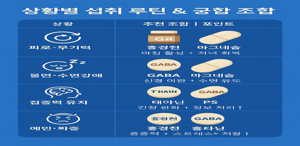 “멘탈 루틴 상황별 섭취 조합과 포인트를 정리한 인포그래픽 이미지”