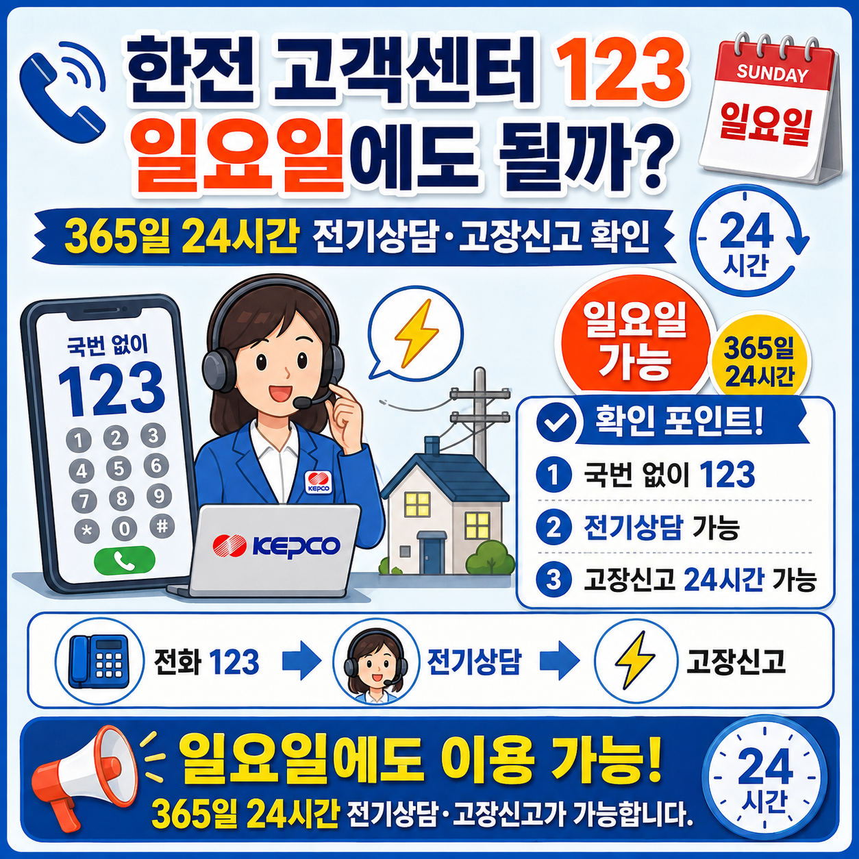 한전 고객센터 123 일요일에도 될까? 365일 24시간 전기상담·고장신고 확인