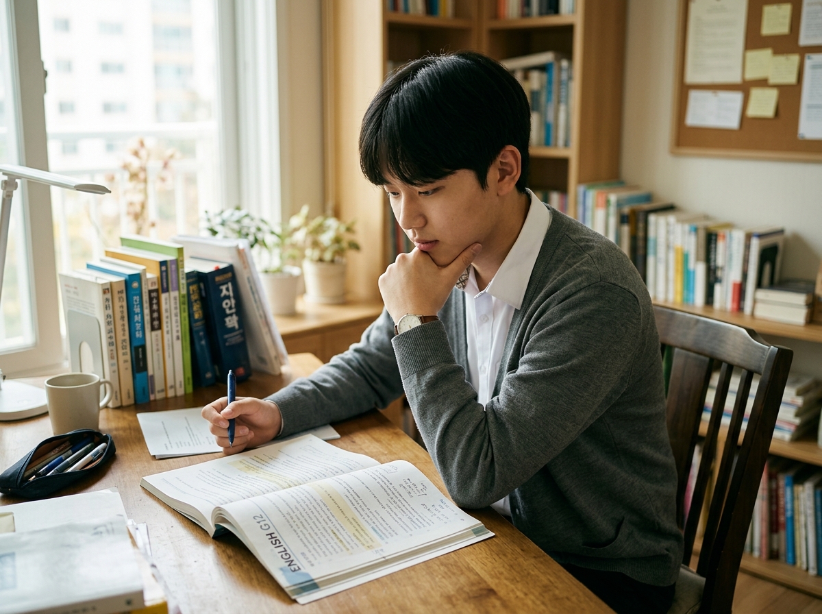 고등 영어 교재를 보며 생각에 잠긴 학생