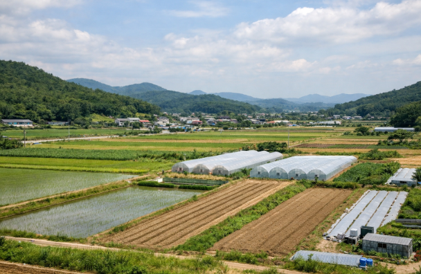 농촌 지역의 농경지와 비닐하우스가 보이는 생산관리지역 풍경
