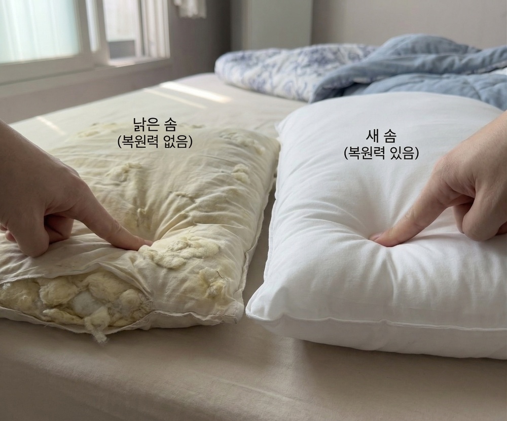 이불 교체 시기를 직관적으로 알 수 있는 숨이 죽은 낡은 솜과 복원력이 뛰어난 새 솜의 부피감 비교