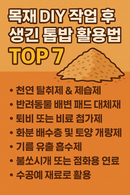 목재 DIY 후 생성된 톱밥의 7가지 활용법을 소개하는 인포그래픽 이미지, 톱밥 그림과 함께 각 용도가 한글로 명시됨.