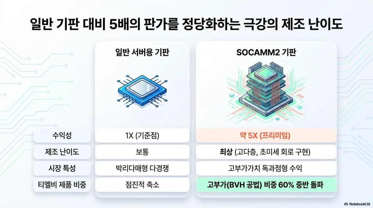 티엘비 주가 전망: 일반 서버용 기판과 쏘캠2(SOCAMM2) 기판을 비교한 인포그래픽으로&amp;#44; 쏘캠2 기판이 일반 기판 대비 약 5배 높은 수익성과 최상급 제조 난이도를 가진 점을 보여줍니다. 티엘비의 고부가 BVH 공법 제품 비중이 60% 중반을 돌파한 흐름을 시각화하며&amp;#44; 블로그의 티엘비 기판 경쟁력 분석과 연결됩니다.