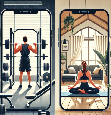 헬스장에서 운동하는 사람과 집에서 운동하는 사람이 같이 나오는 그림