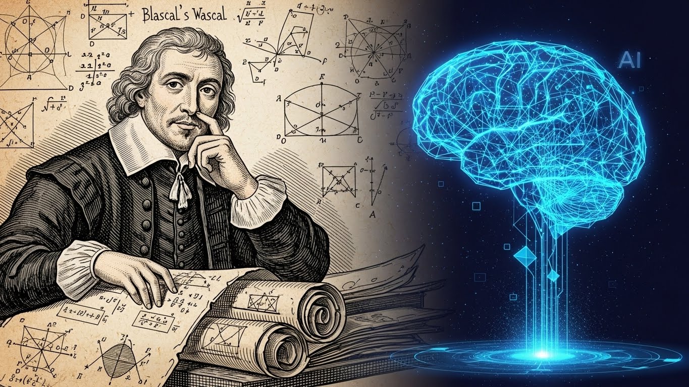 좌측에는 17세기 수학자 블레즈 파스칼이 기하학 도형들이 그려진 양피지 위에서 턱을 괴고 깊이 고민하는 고전적인 펜화가 있고, 우측에는 푸른색 네온 빛으로 빛나는 미래지향적인 인공지능(AI) 뇌의 디지털 신경망 이미지가 대비되어 있다. 이는 파스칼의 확률 이론이 현대의 최첨단 AI 기술 혁명과 연결됨을 상징적으로 보여주는 일러스트이다.