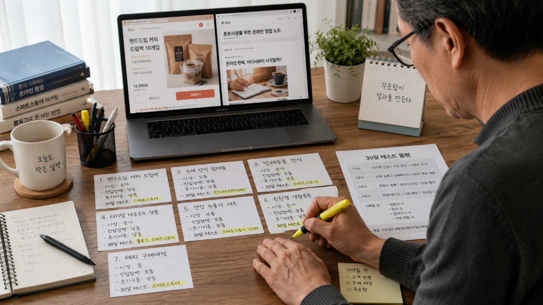 소자본 창업 아이템을 비교하며 30일 테스트 계획을 세우는 장면