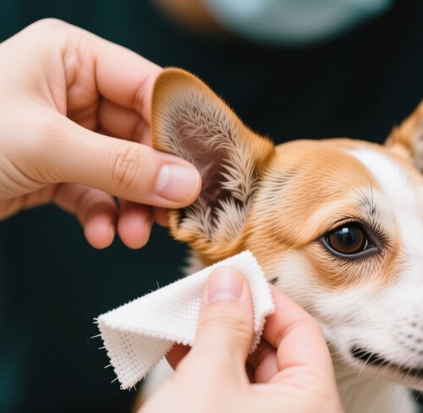 보호자가 강아지 귀를 닦아주는 모습