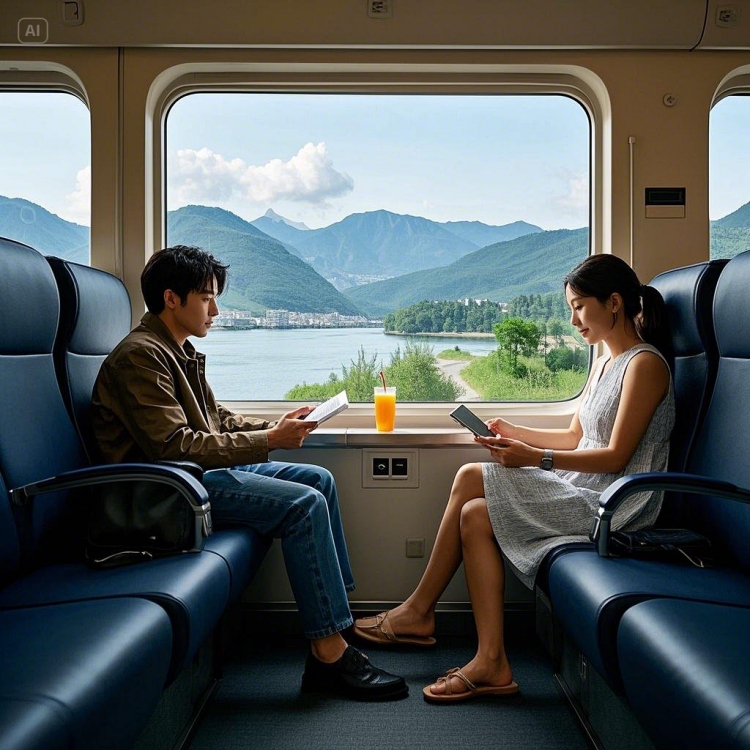 KTX 열차 내부에서 창가 좌석을 이용하는 승객들, 편안하게 독서하거나 풍경을 감상하는 모습4