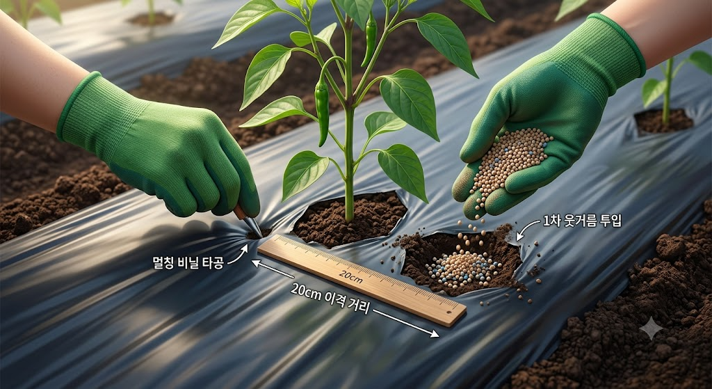 추 포기 사이 20cm 지점의 멀칭 비닐을 뚫고 적정량의 웃거름을 넣은 뒤 흙을 덮는 과정