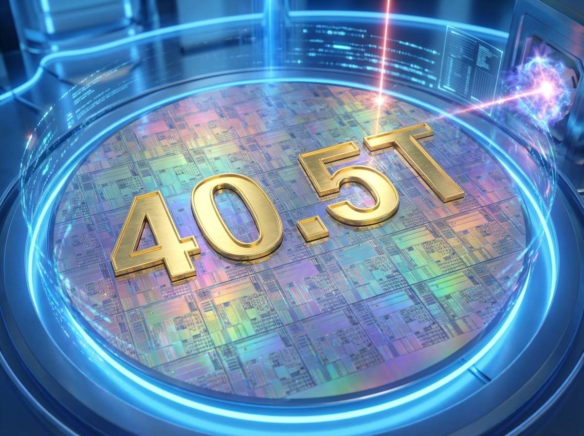 반도체 웨이퍼 위에 금빛 숫자로 '40.5T'가 선명하게 새겨져 있고 주변에 푸른색 테크 기술력이 느껴지는 배경