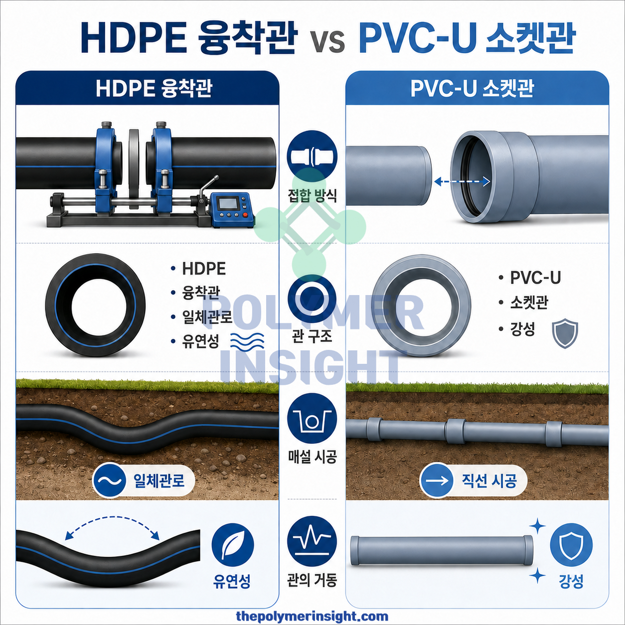 HDPE 융착 수도관과 PVC-U 소켓 수도관의 구조와 시공방식 비교