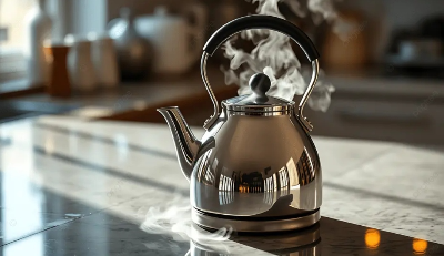 아침에 부엌에서 물을 끓이며 하루를 준비하는 조용한 실내 모습