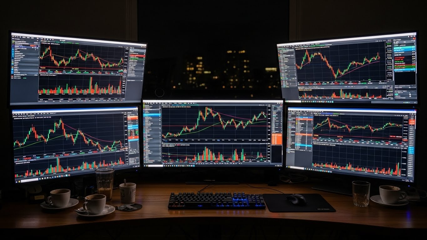 Multi-monitor trading desk showing after-hours futures, gold, BTC charts.