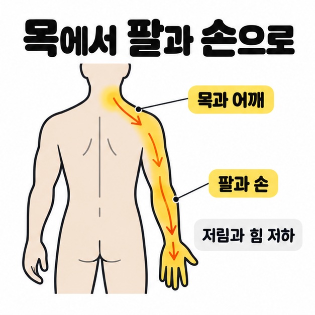 목과 어깨에서 한쪽 팔과 손까지 노란색과 화살표로 연결하고 저림과 힘 저하를 설명한 그림