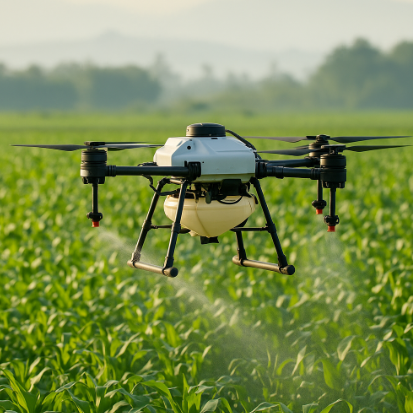 농작물 위로 농약을 살포하며 비행 중인 농업용 드론