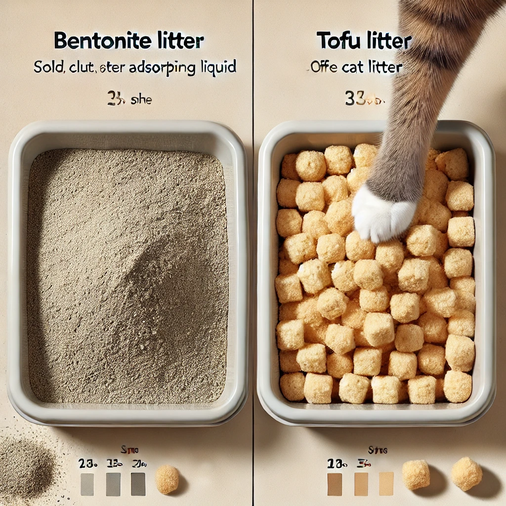 벤토나이트 모래는 단단하게 응고된 모습, 두부 모래는 부드럽게 뭉쳐진 모습 비교