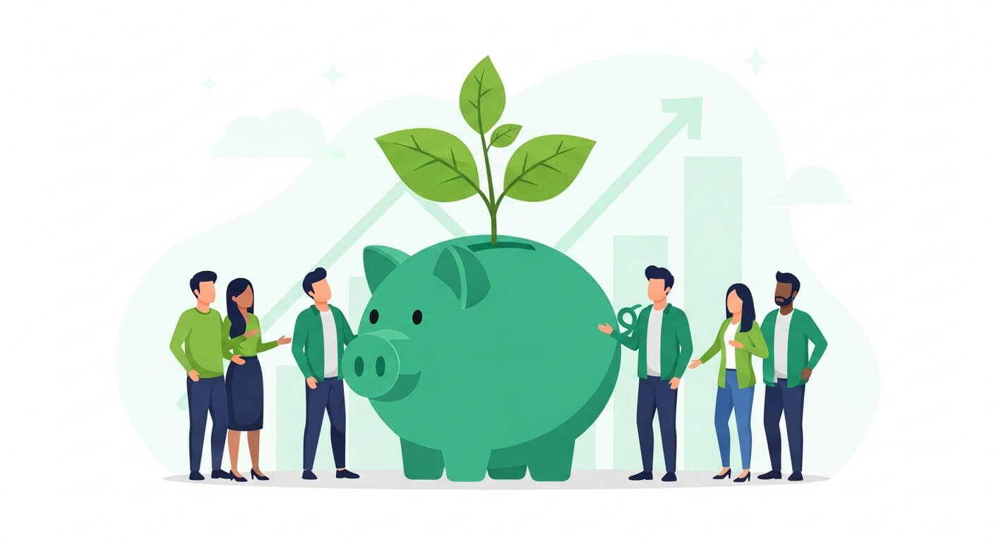 사람보다 큰 돼지저금통이 중간에 있고 나무가 자라나고 있다. 주의에는 남녀가 저금통을 향해 보고 있다