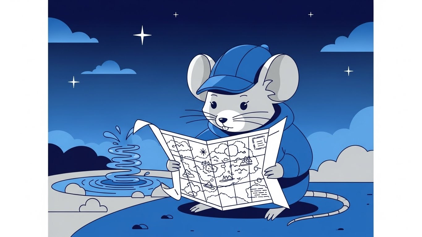 밤하늘 아래 맑은 샘가에서 보물 지도를 읽으며 지혜로운 행운을 찾는 쥐띠 캐릭터의 현대적 벡터 일러스트