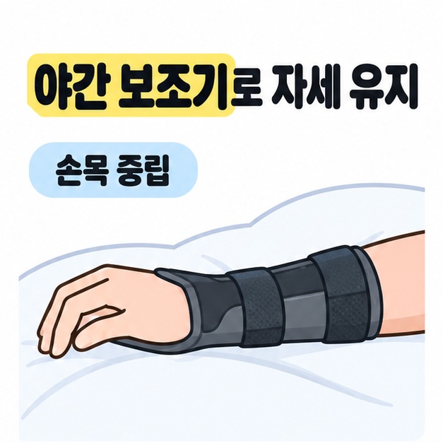 손목 중립 문구와 함께 손과 전완의 자세를 유지하도록 야간 보조기를 착용한 외형 예시