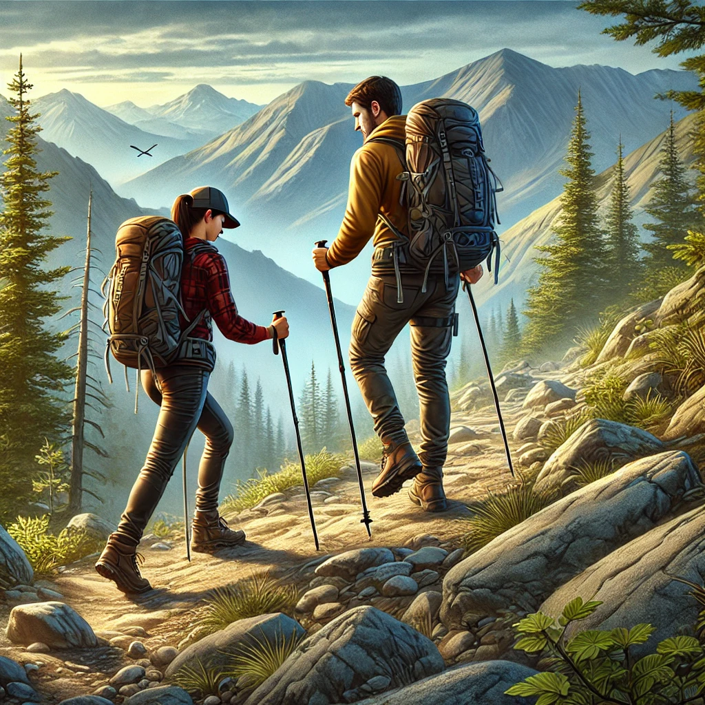 등산후 무릎에 부담안가게 지팡이 짚고 안전하게 하산하는 두남녀의 모습