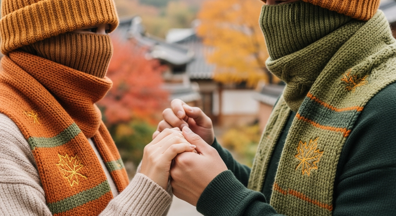 서울 근교의 가을 분위기 마을에서 커플룩 액세서리와 함께 손을 잡고 있는 연인의 클로즈업 사진.
