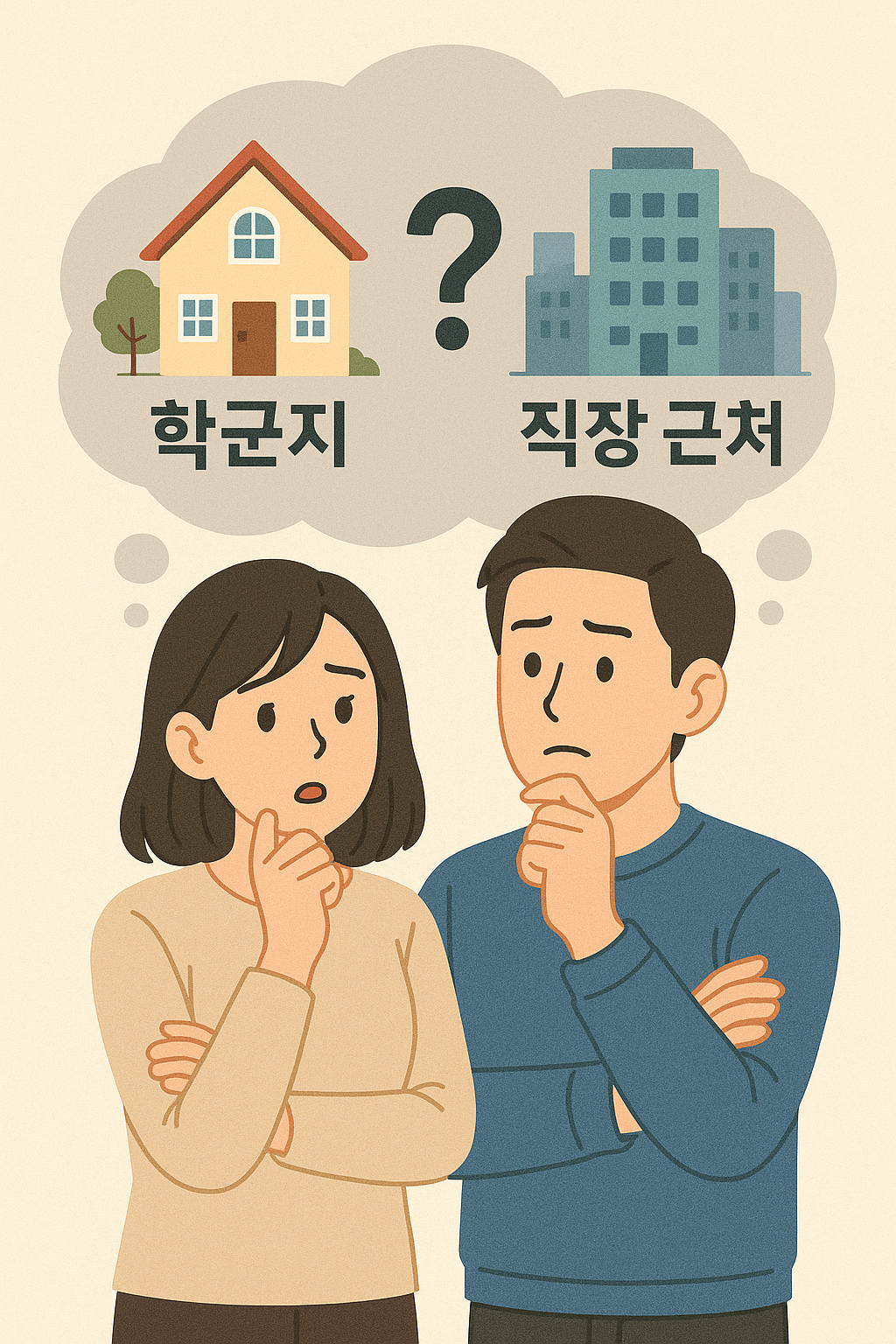 신혼부부가 집 위치를 선정할 때 학군지, 직장근처 중 어디로 구할지 고민하는 모습