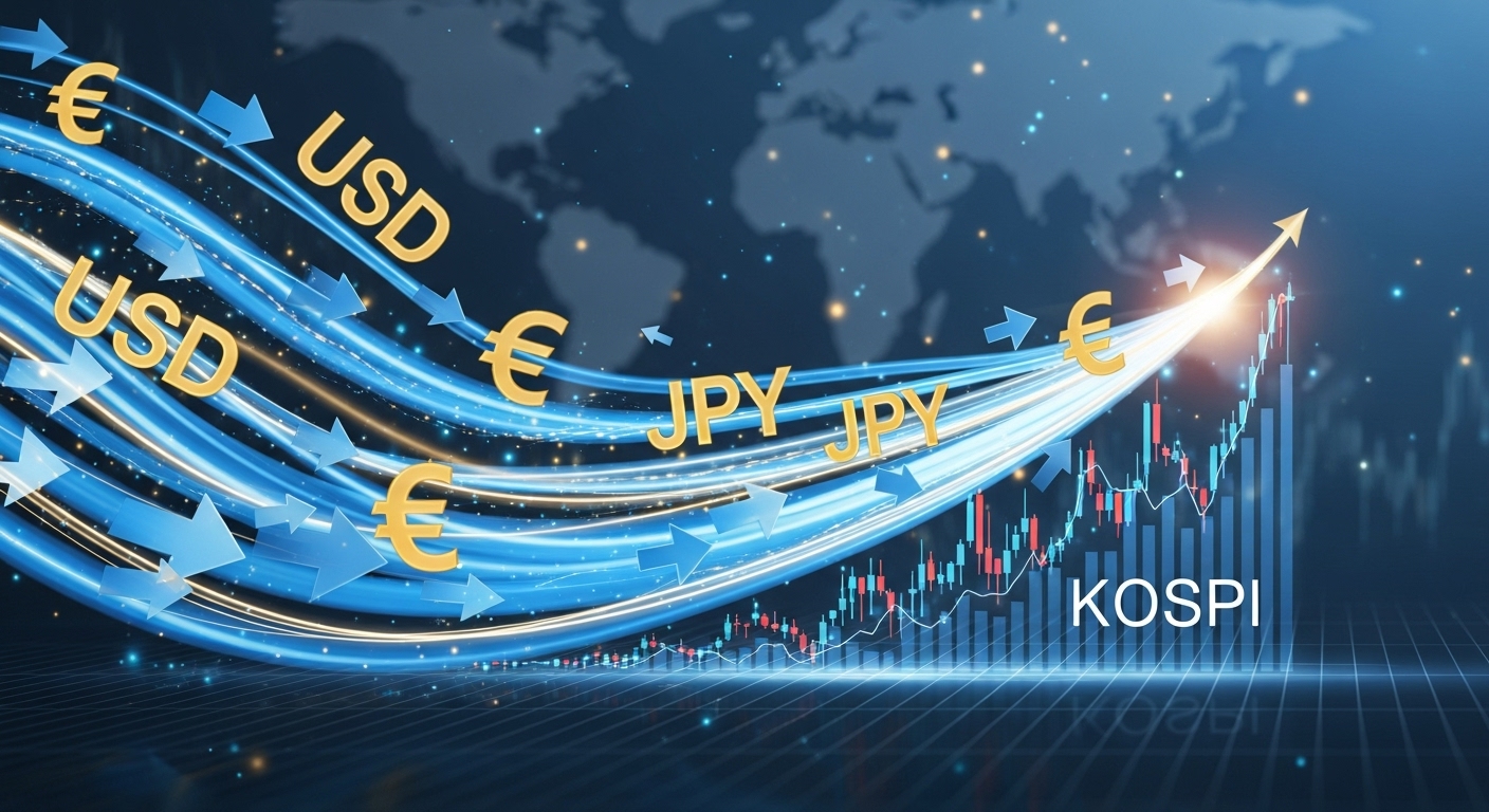 외국인 투자자들의 매수세로 인해 급등하는 코스피 지수를 보여주는 역동적인 이미지