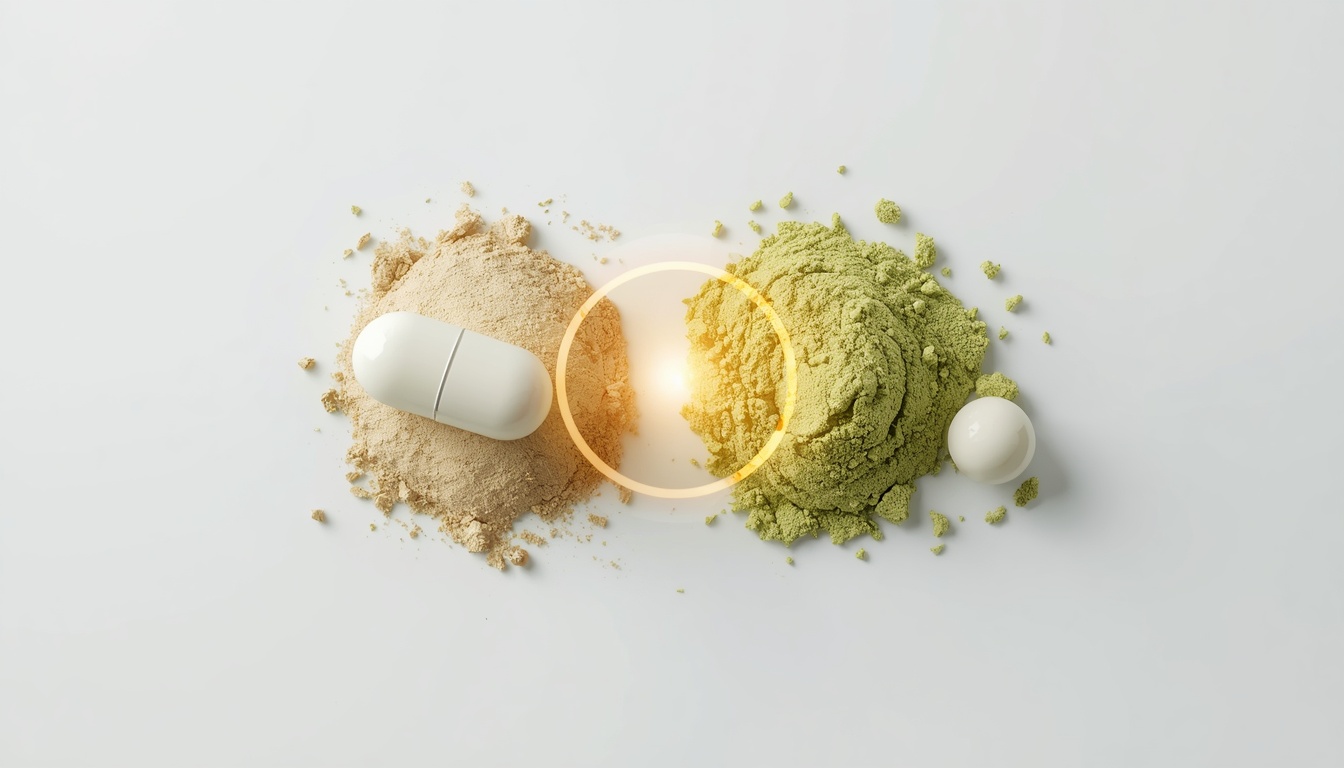 Side-by-side comparison of a standardized Artemisinin supplement capsule and raw wormwood powder on a clean studio background
