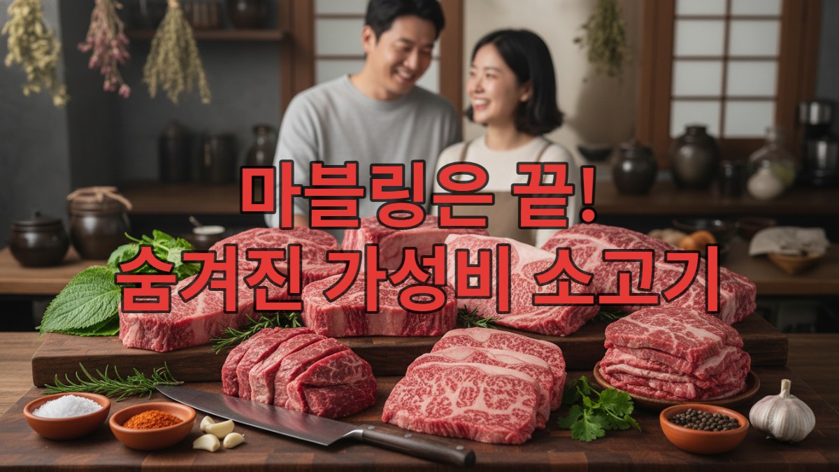 마블링이 적은 소고기 부위와 마블링이 있는 부위가 함께 놓여진 식탁, 다양한 소고기 요리 재료와 함께 가성비 소고기를 탐색하는 장면.