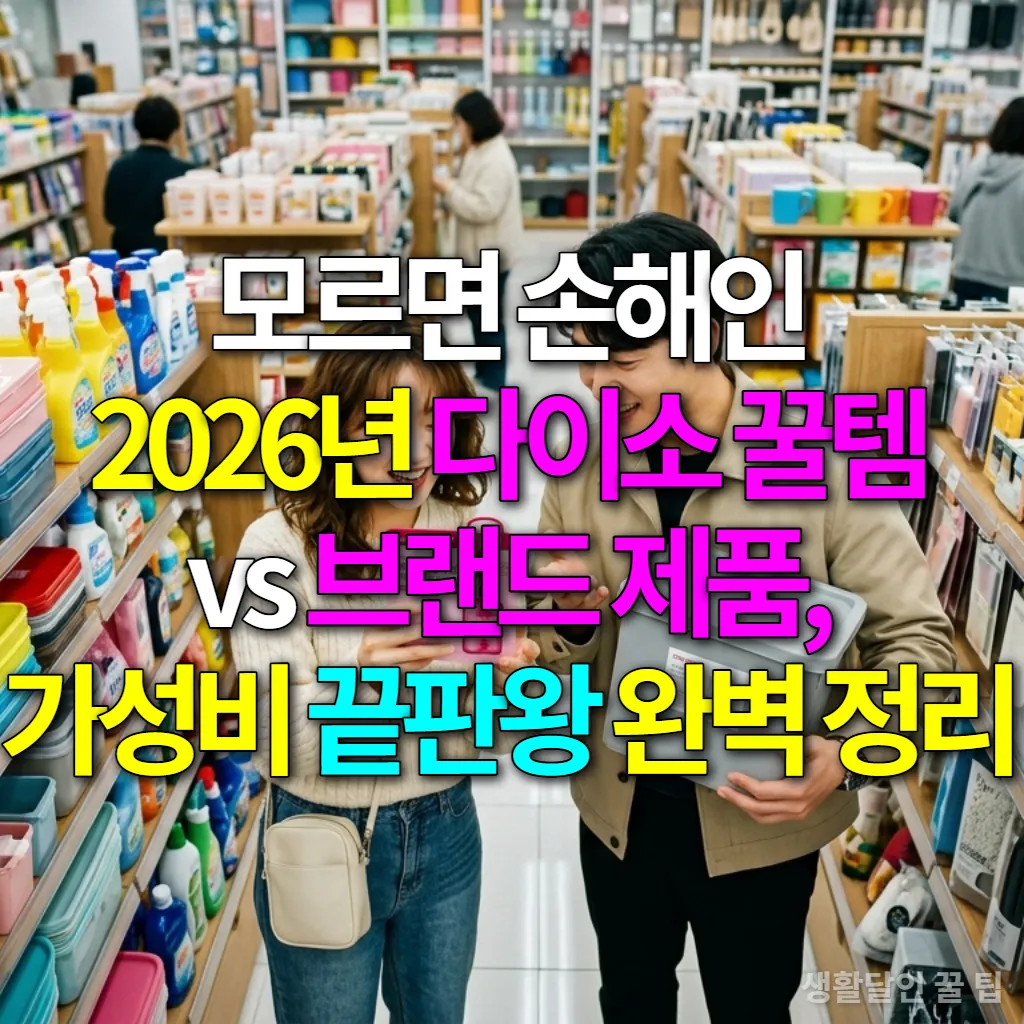 2026년 다이소 매장에서 다양한 꿀템과 브랜드 제품을 비교하며 즐거워하는 한국인 커플의 모습