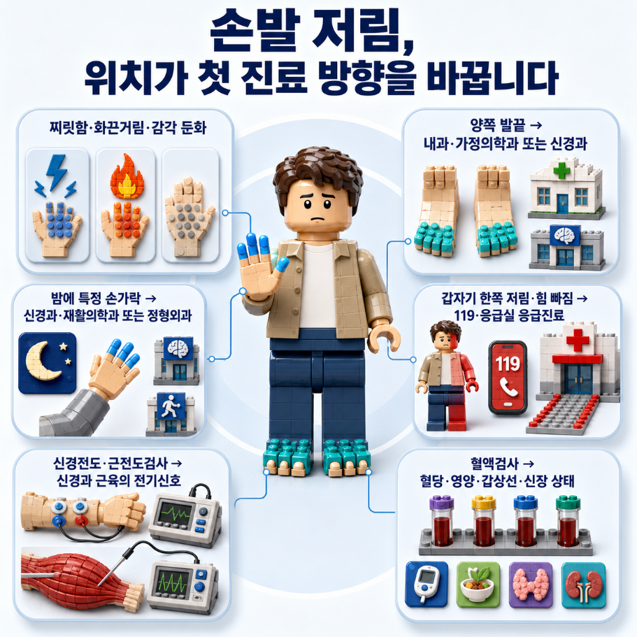 손발 저림의 의미, 양쪽 발끝 저림, 밤에 특정 손가락 저림, 첫 진료과, 신경전도·근전도검사, 혈액검사와 응급진료 상황을 요약한 레고 스타일 정리 이미지