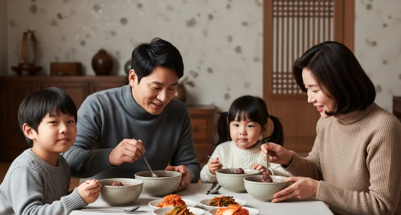 팥죽 먹는 가족 남자 여자 아이