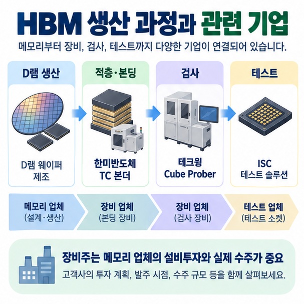 HBM TC 본더와 Cube Prober, 테스트 소켓 등 장비·검사 공정을 보여주는 이미지