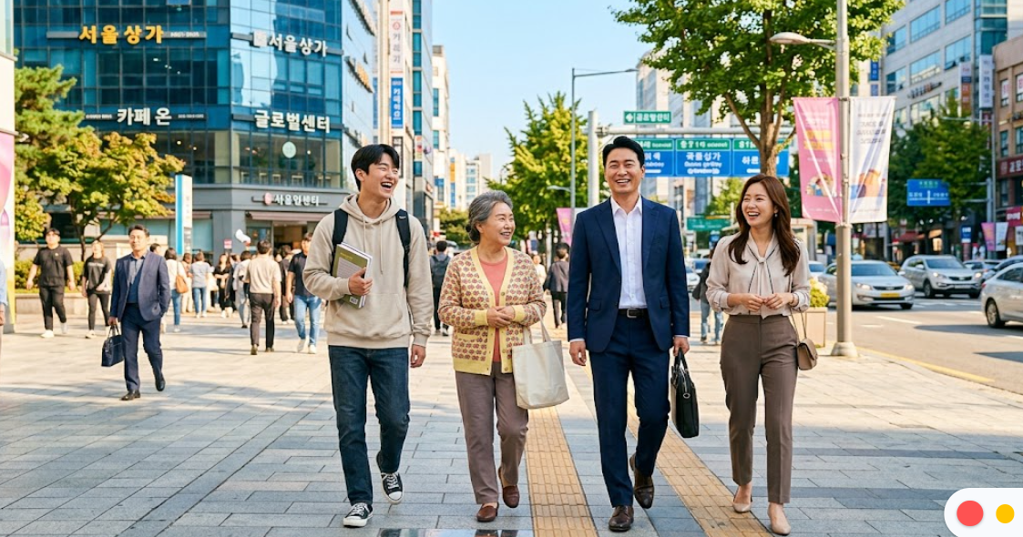 밝은 표정으로 서류 봉투를 안고 미래를 향해 걸어가는 다양한 시민들의 모습