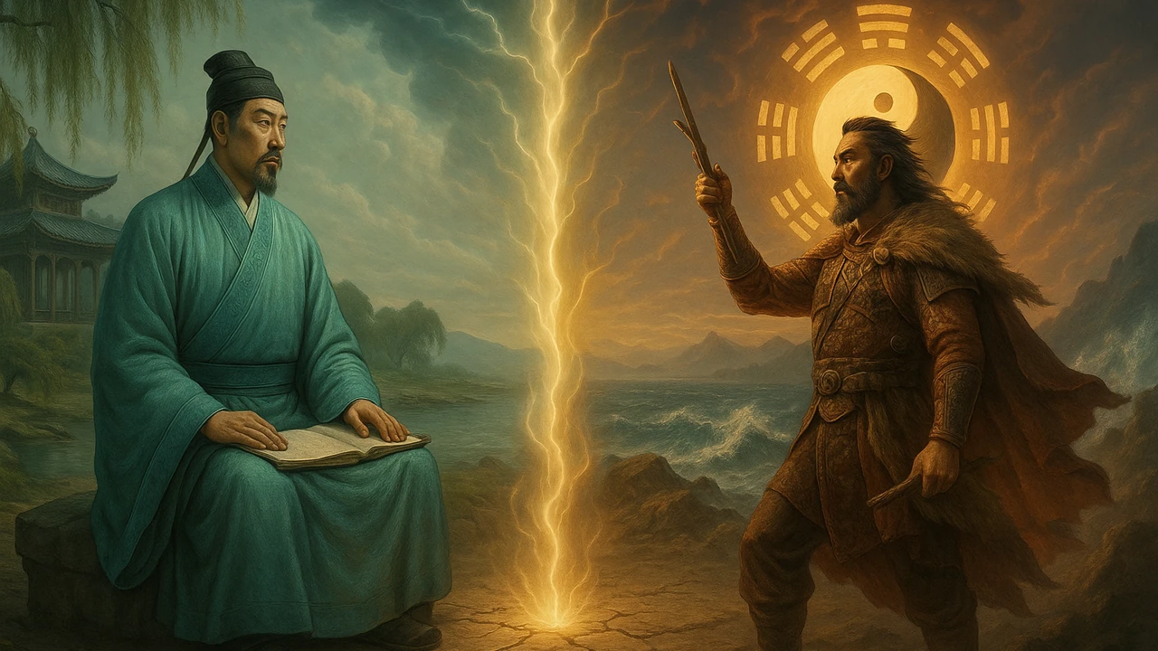 고대 황희와 복희의 대조적인 리더십 철학을 상징하는 이미지