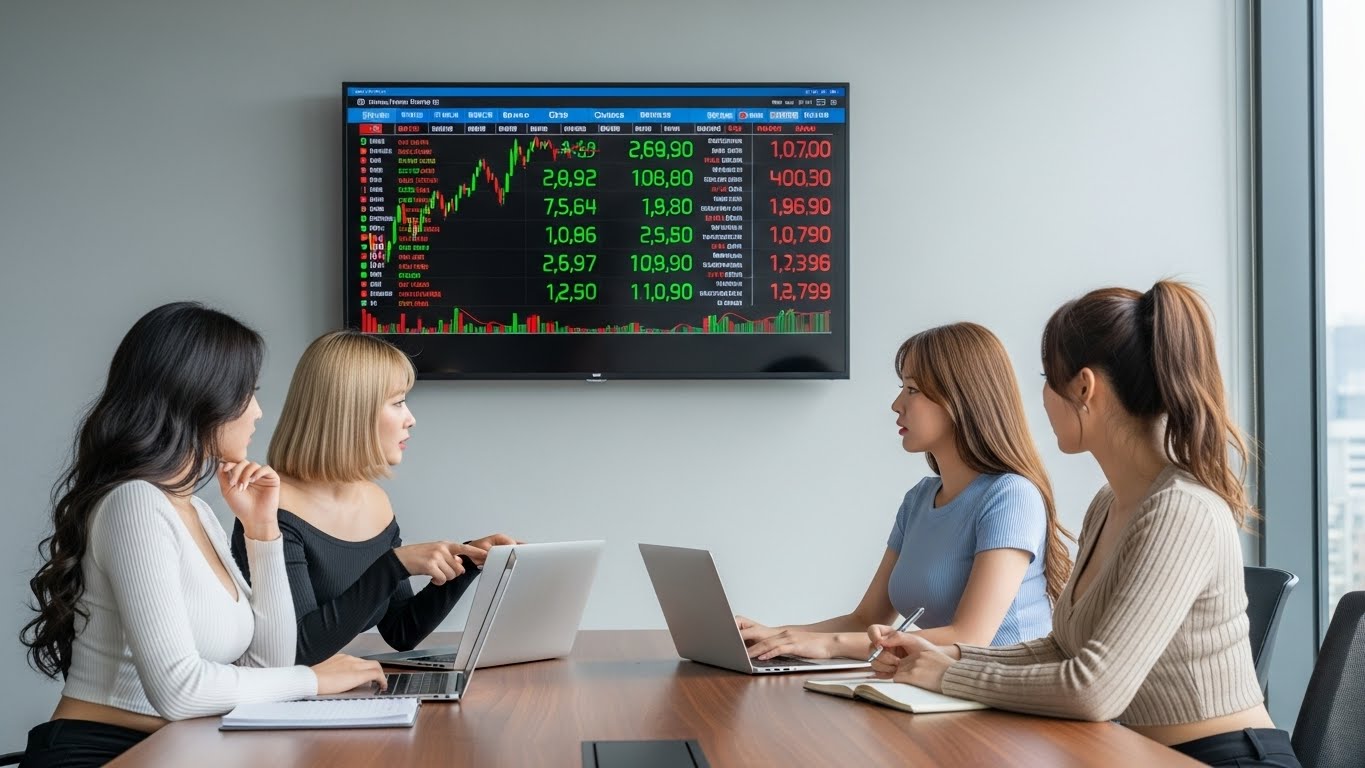 주식을 들여다보는 여자들