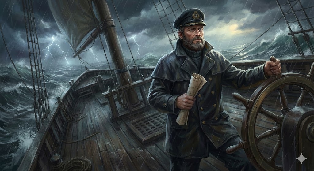 폭풍우가 몰아치는 바다 한복판에서 평온하게 지도를 보며 배의 균형을 잡는 선장(투자자)의 모습