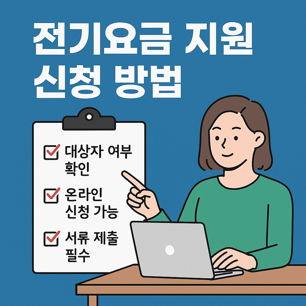 전기요금 지원 신청 방법 인포그래픽 – 대상자 여부 확인, 온라인 신청 가능, 서류 제출 필수 문구와 노트북을 사용하는 여성 일러스트