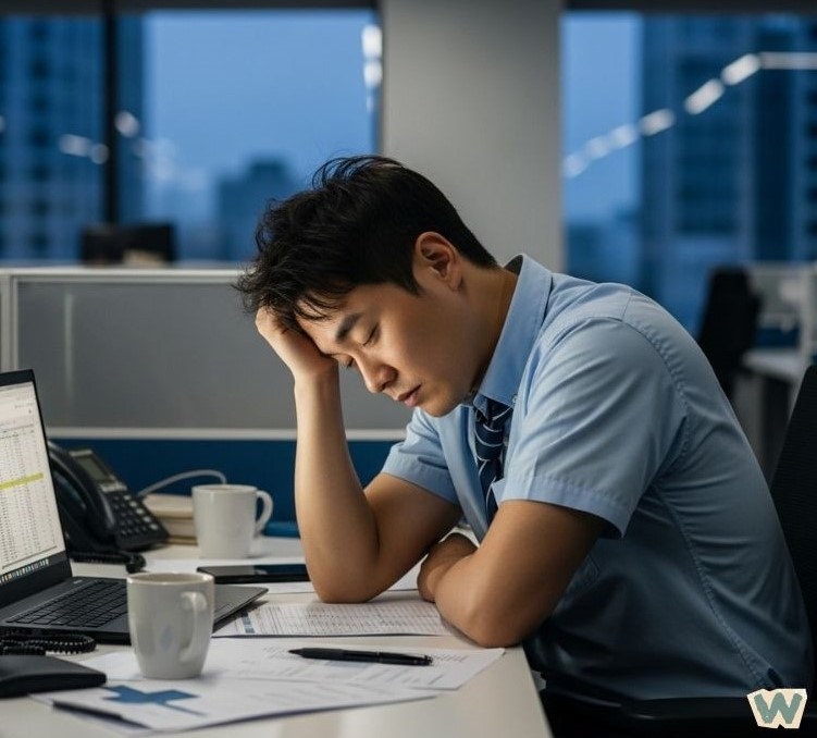 30대 남성 직장인이 사무실에서 업무 스트레스와 과로로 인한 만성피로로 머리를 감싸고 있는 모습 via canva