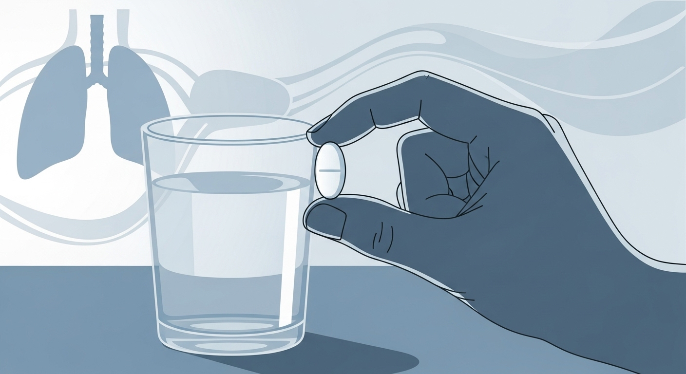 폐색전증 예방을 위해 경구 항응고제를 복용하는 사람의 손과 약을 묘사한 이미지.