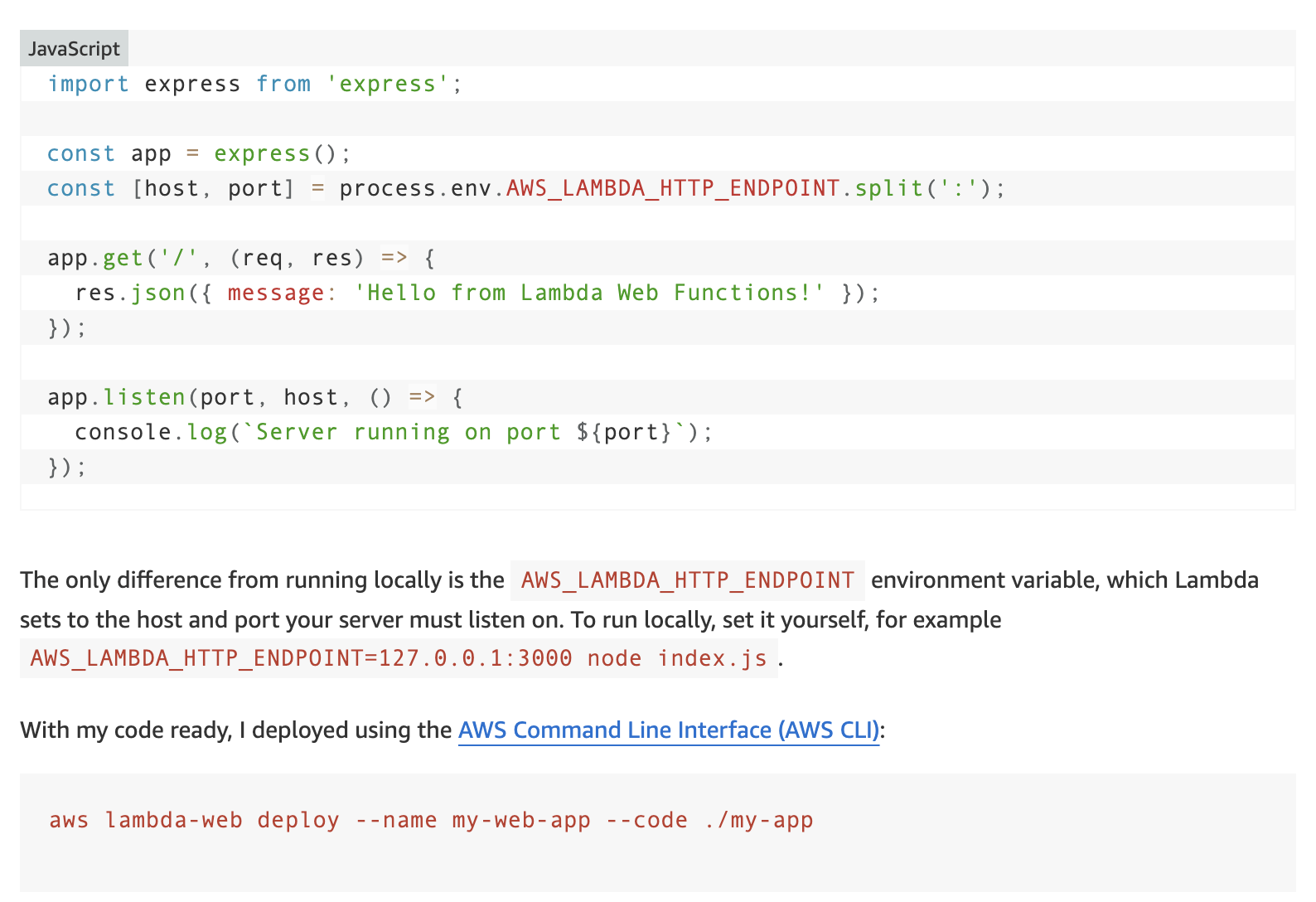 AWS News Blog의 Express 예제 코드: AWS_LAMBDA_HTTP_ENDPOINT에서 host와 port를 읽어 listen하고, 아래에 aws lambda-web deploy 명령이 있다