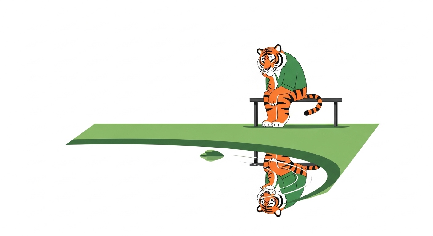 조용한 벤치에 앉아 연못에 비친 자신을 바라보며 깊은 생각에 잠긴 호랑이 캐릭터 일러스트