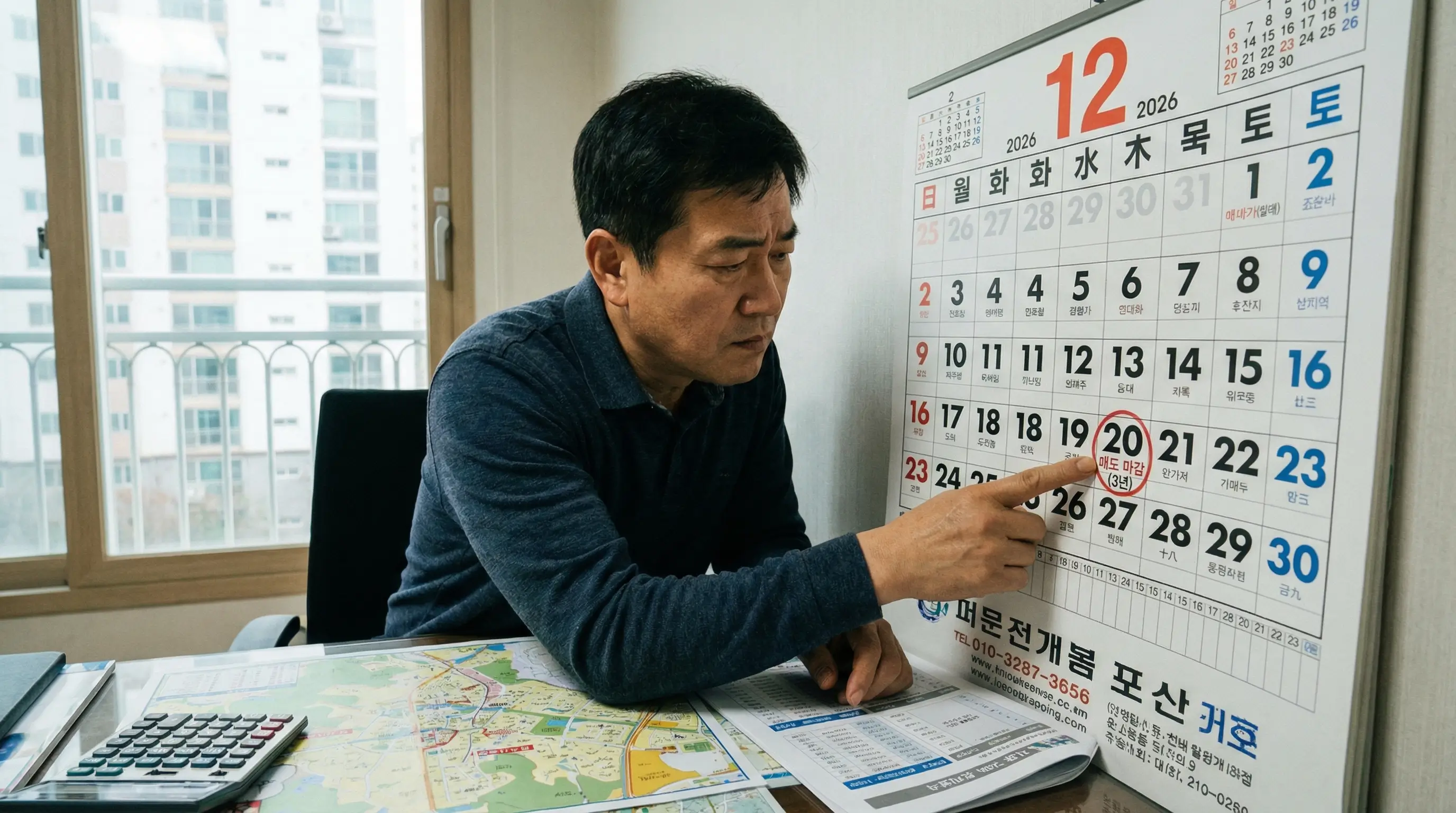 달력의 3년 마감일을 체크하며 매도 전략을 고민하는 집주인의 모습